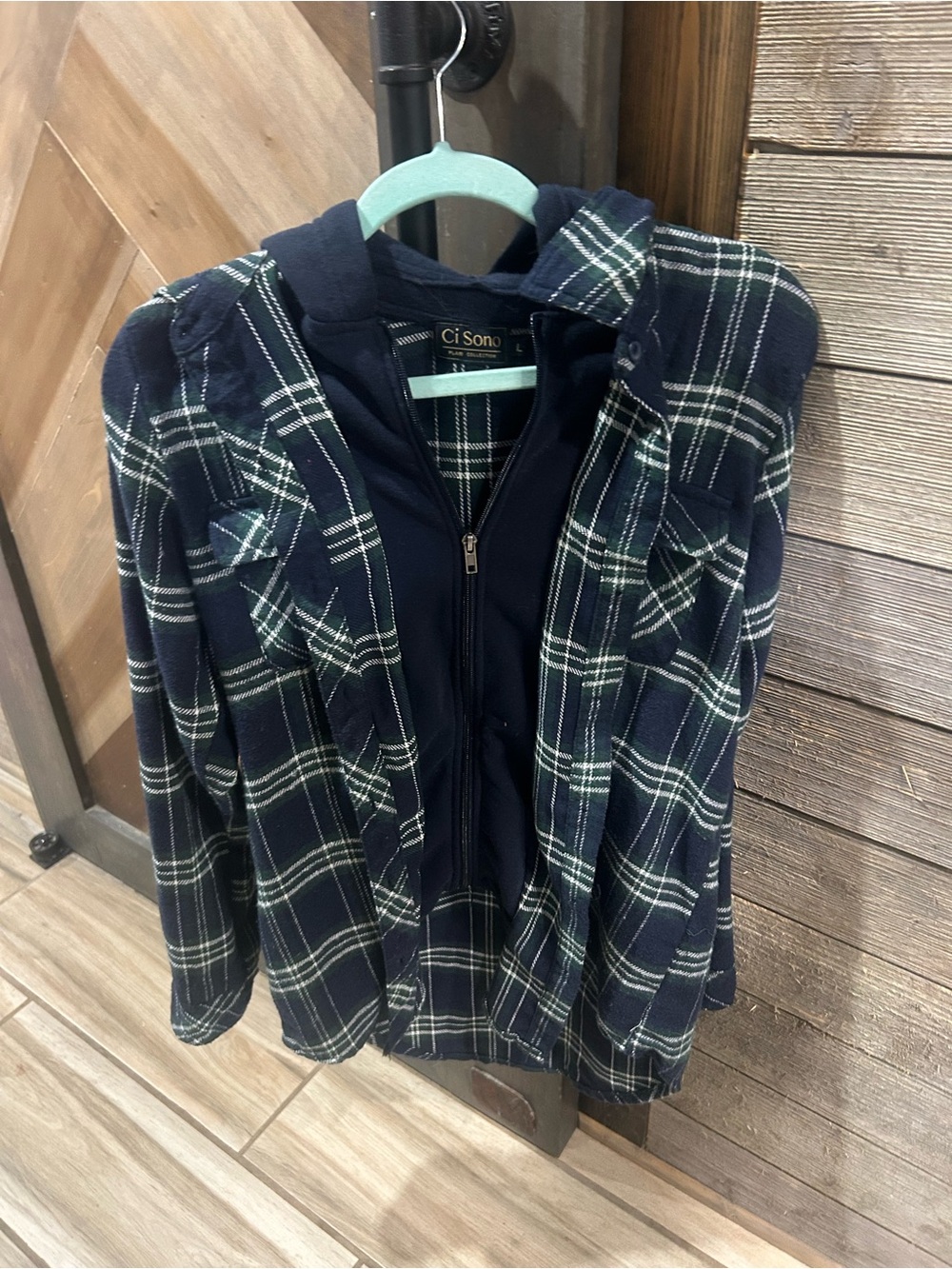 Ci Sono Navy and Green Plaid Hooded Jean-Style Jacket